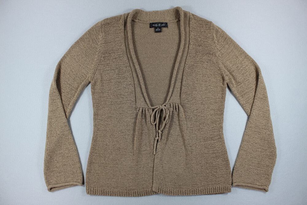 August Silk Cardigan Sweater Womens M Beige V Neck Tie Front Long Sleeve Knit